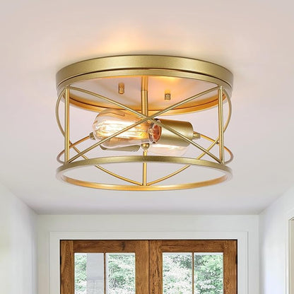 2-Light Flush Mount Ceiling Light Fixture, Industrial Modern Gold Ceiling Lamp, Vintage Farmhouse Light Fixture for Hallway, Bedroom, Dining Room, Living Room, Kitchen, Entryway