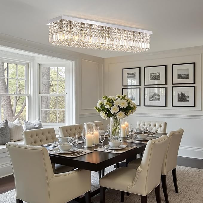 Modern Crystal Chandeliers for Dining Room Light Fixture, 10-Light Rectangle Chandelier Ceiling Light for Kitchen Island Living Room, L47.2 Inch, Chrome Finish