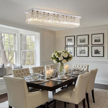 Modern Crystal Chandeliers for Dining Room Light Fixture, 10-Light Rectangle Chandelier Ceiling Light for Kitchen Island Living Room, L47.2 Inch, Chrome Finish