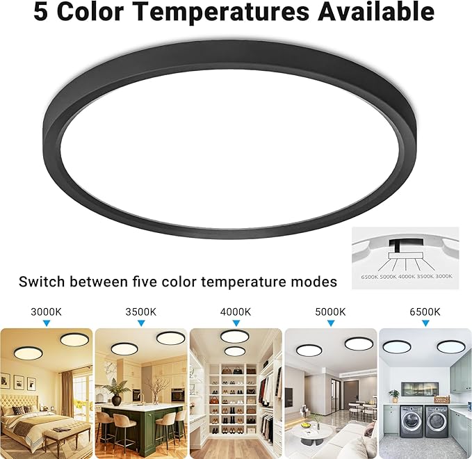 LED Flush Mount Ceiling Light,9Inch 18W,3000K/3500K/4000K/5000K/6500K 5 Color Temperatures Ceiling Light Fixture for Kitchen Porch Hallway Bedroom Bathroom and Closet,Black