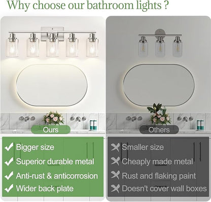 Indoi 5-Light Bathroom Light Fixtures, Brushed Nickel Bathroom Vanity Light with Clear Glass Shades, Modern Bathroom Wall Lamp for Mirror Living Room Cabinet Bedroom Porch