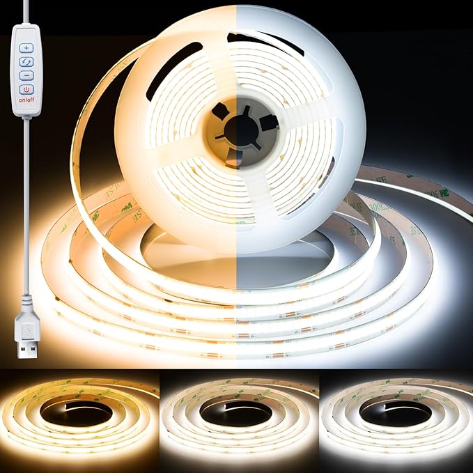 COB LED Strip Light 5V, 2m 608 LEDs/M Dimmable 2700K - 6500K 8mm Width CRI93+ Flexible Dimmable Light Kit for TV Backlight Bedroom Gaming Room Kitchen Cabinet Decor(CCT, 6.56FT/2M USB)