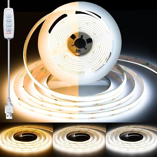 COB LED Strip Light 5V, 2m 608 LEDs/M Dimmable 2700K - 6500K 8mm Width CRI93+ Flexible Dimmable Light Kit for TV Backlight Bedroom Gaming Room Kitchen Cabinet Decor(CCT, 6.56FT/2M USB)