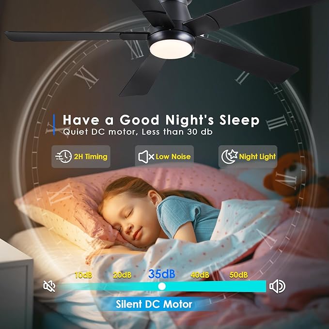 Hounberi 52" Flush Mount Ceiling Fan with Lights and Remote, Modern Black Low Profile Ceiling Fan, Quiet Reversible DC Motor, 3CCT Dimmable LED, Ideal for Bedroom, Living Room and Low Ceilings, Black