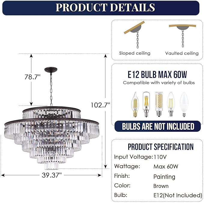 Large Crystal Chandelier Modern Luxury Pendant Ceiling Lights Fixture Hanging Raindrop Pendant Light Fixture for Dining Room Bedroom Living Room -Brown, 39 Inch