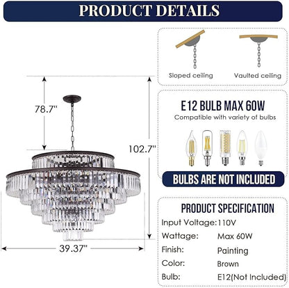 Large Crystal Chandelier Modern Luxury Pendant Ceiling Lights Fixture Hanging Raindrop Pendant Light Fixture for Dining Room Bedroom Living Room -Brown, 39 Inch