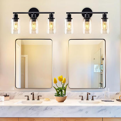 DLLT 3-Light Bathroom Light Fixtures: 18.51" Black Modern Vanity Lights with Clear Glass Shade - Bathroom Wall Lamp for Mirror Kitchen Living Room Hallway Cabinet Porch