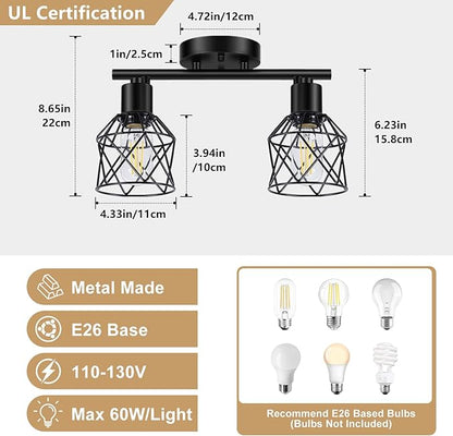 Baocuz 2-Lights Kitchen Light Fixtures Ceiling Mount, Adjustable Semi Flush Mount Ceiling Light with Metal Wire Cage, Vintage Track Spotlight Ceiling Fixtures for Dining Room, Farmhouse, Entryway