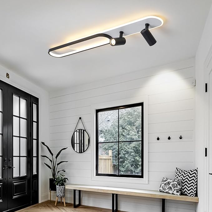Modern LED Ceiling Light with 2 Spotlights 50W Black Linear Ceiling Light with Remote Control Dimmable (3000-6000k) 39.3Inch Room Ceiling Lamp for Living Room Bedroom Kitchen Laundry Hallway