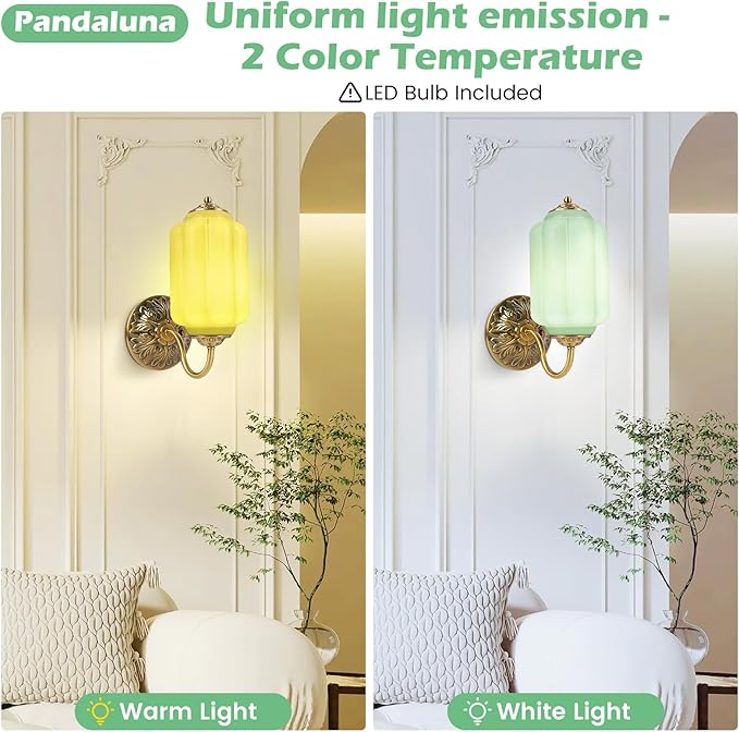 Vintage Wall Sconce, Green Milk Glass Light Fixture, 5.5In Art Deco Antique Wall Sconce for Bedroom Bathroom Living Room Hallway Entryway, E12 LED Bulb Included, Antique Gold & Green 1 Pack