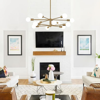 MQMQA Sputnik Chandeliers Dining Room Light Fixture (12-Light, 33-Inch), Modern Brushed Brass Chandelier, Height Adjustable Mid Century Modern Chandeliers for Dining Room Kitchen (Bulbs not Included)