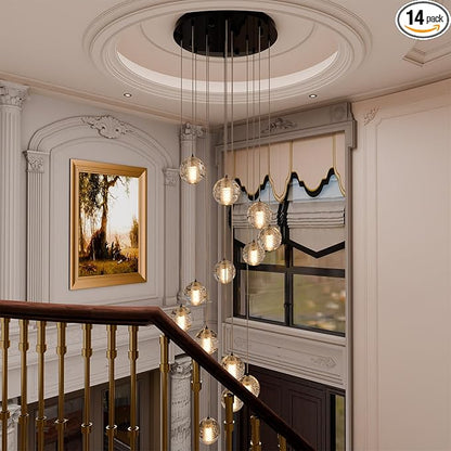 HAIXIANG 14-Lights Modern Chandelier Bubble Crystal 118" Long Lights for Living Room Entrance Foyer Sloped High Ceiling Spiral Pendant Lighting Warm Light Bulbs Black Lights