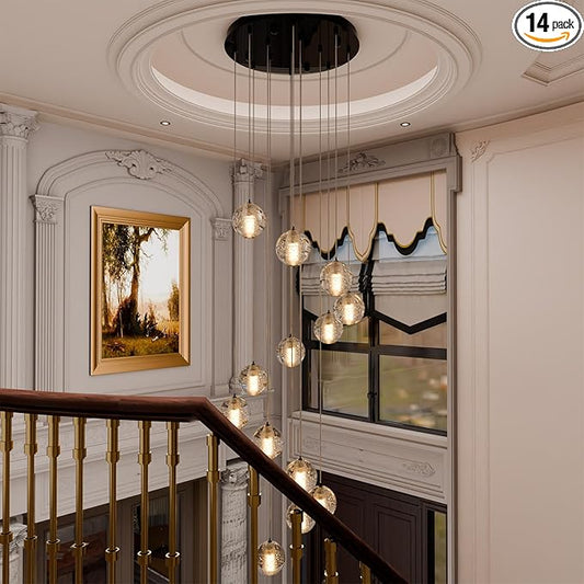 HAIXIANG 14-Lights Modern Chandelier Bubble Crystal 118" Long Lights for Living Room Entrance Foyer Sloped High Ceiling Spiral Pendant Lighting Warm Light Bulbs Black Lights
