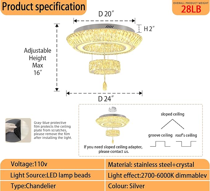 24inch Led Ring Crystal Chandelier,Modern Luxury Crystal Chandelier for Dining Living Room 2-Tier Crystal Raindrop Chandeliers Lighting Dimmable LED 3000-6000K