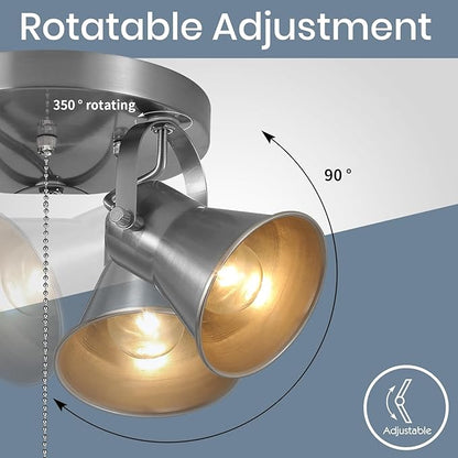3-Light Ceiling Lights with Pull Chain, Adjustable Round Kitchen Ceiling Light, Morden Nickel Flush Mount Directional Track Light for Kitchen, Hallway, Dining Room, Bathroom, Coffee Bar