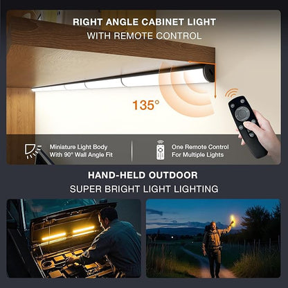 Under Cabinet Lighting Wireless with Remote,Rechargeable Battery Operated Closet Lights,3 Color Magnetic Dimmable led Strip Lights,Under Counter Lights for Kitchen,Shelf,Bedroom (Black-2PCS, 20cm)