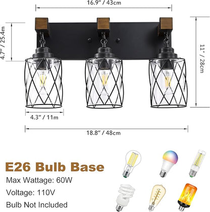 Farmhouse Bathroom Light Fixtures, 3 Light Bathroom Vanity Light with Metal and Glass Lampshade, Wood Rustic Lighting Fixtures Over Mirror, Black Wall Sconces for Living Room, Bedroom