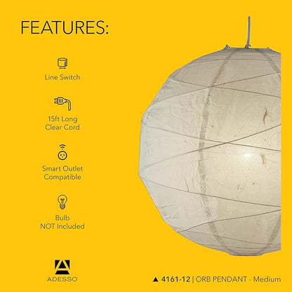 Adesso Orb Medium Pendant with Collapsible Rice Paper Shade – 15ft Cord, 19” Diameter – Stylish Ceiling Lighting