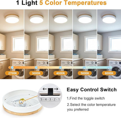 Modern Dimmable Wood Ceiling Light, White Round LED Flush Mount Ceiling Lighting Fixtures, Minimalist Ceiling Lamp for Kitchen Bedroom Laundry Room Living Room Entryway Hallway&11.81 in