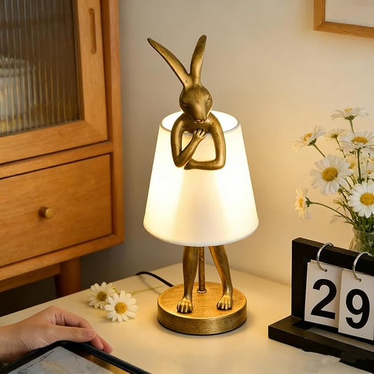 YHT Bunny Table Lamp, Cute Animal Rabbit Lamp,Bunny Lamps,15.7" Vintage LED Desk Light with Linen Lampshade,Gold Main Part Beside Lamp for Bedroom, Study Room, Office, Nursery, Home Decor (White)