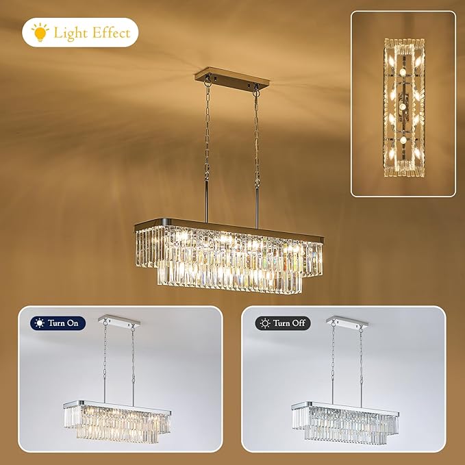 Modern Chrome Rectangle Chandelier L33.5” Luxury K9 Crystal Ceiling Pendant Light Fixture 11 Lights Rectangular Long Chandelier for Kitchen Island Dining Room Living Room Bar