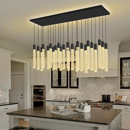 24-Light Rectangular Crystal Chandelier, Large Black Bubble Crystal Column Pendant Light, Adjustable Height Hanging Chandeliers for Kitchen Island, Living Room, Foyer
