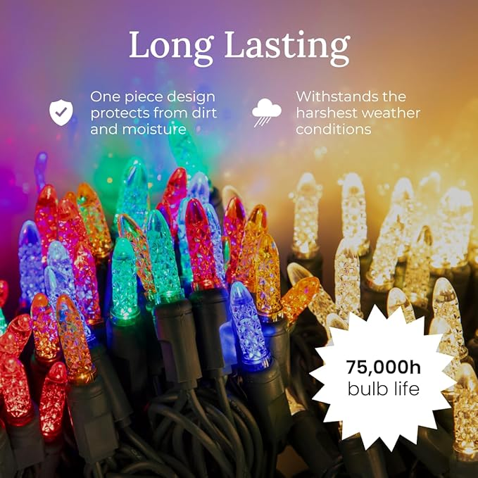 Pro Christmas M5 LED Holiday Lights - 100 Bulbs, 33.3ft - Professional Grade Indoor Outdoor Diamond Cut Sparkle Light Strings for Home Decorations and Christmas Trees - Multi Color