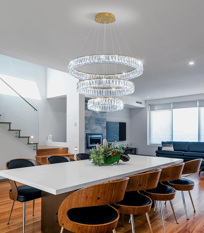 HAIXIANG Modern Glam Chandelier Crystal LED Remote Rings Chandelier Adjustable Hanging Ceilings Pendant Lights Fixture Gold 8"+16"+24" Rings Lighting