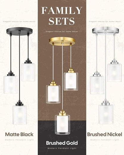 TENGXIN 3 Light Pendant Lights, Kitchen Island, Bedroom Modern Farmhouse Pendant with Dual Glass Shade, Brushed Nickel