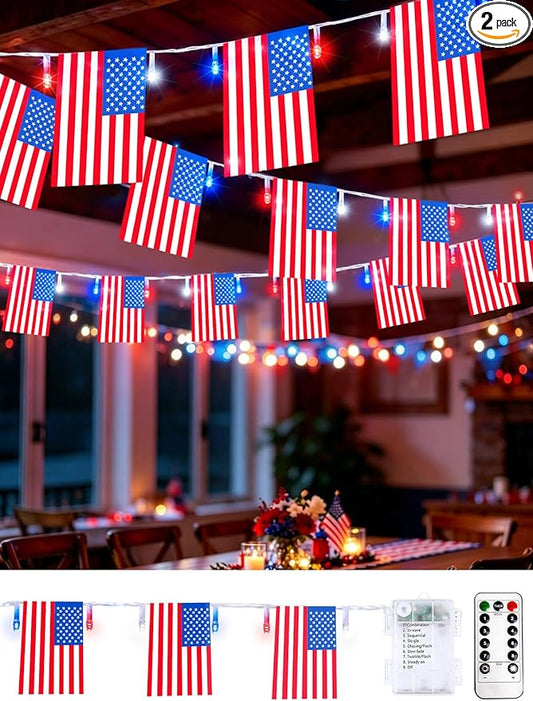 4th of July Patriotic Lights, 2PK 48FT 100LED Red White Blue String Lights with 50 American Flags, Battery Operated Waterproof 8 Modes & Remote & Timer for 250th Anniversary Independence Day Decor