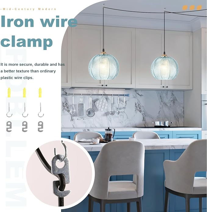 Blue Glass Plug in Pendant Light for Bathroom, Ceiling Light with 14.76ft Long Cord, Kitchen Corded Light Fixture, 8.7" Ribbed Globe, Living Room Corner Hanging Lamp that Plug into Wall Outlet