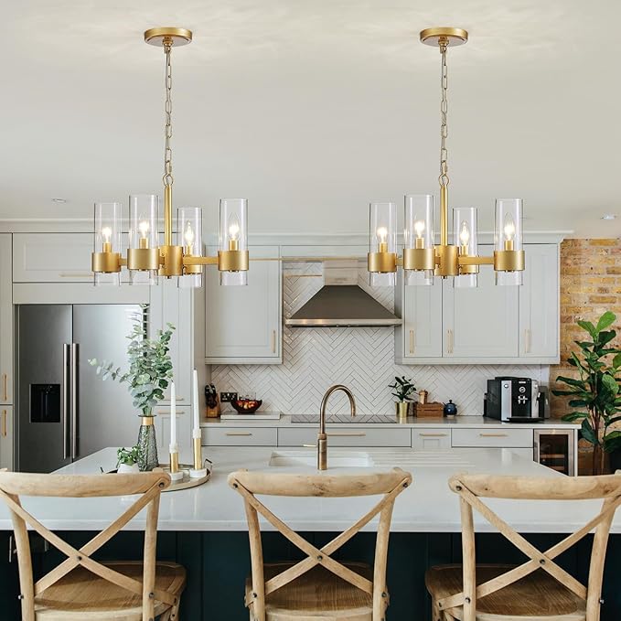WUZUPS Industrial Chandelier 4-Light with Clear Glass Modern Farmhouse Round Light Fixture for Dining Room Kithen Island Foyer, Width 16.9" Height 12.2", Gold