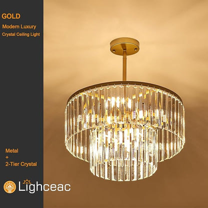 17.7" Gold Semi Flush Mount 2-Tier Crystal Ceiling Light Fixtures for Dining Room Modern Industrial 8-Light Chandeliers Lighting for Bedroom Entryway Hallway Kitchen Island Living Room Foyer