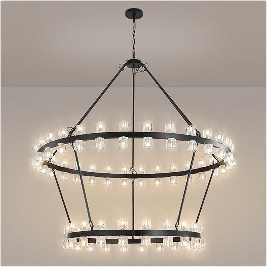 60 Inch Black Wagon Wheel Chandelier with Crystal Shade, 2 Tier 100 Lights, Modern Farmhouse Style, Ideal for Dining Room, Kitchen, Entryways