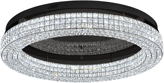 ykolupty 40'' Crystal Chandelier Light Fixture Large Chandelier for Living Room Crystal Flat Mounted Ceiling Lights Dining Room Bedroom Dimmable 2700-6000K (Black Chandeliers)