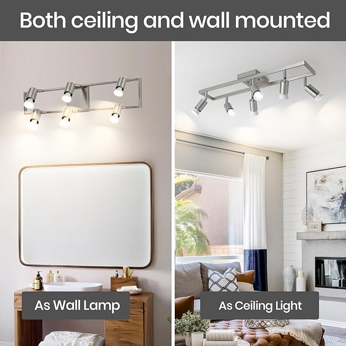 KEESFU Nickel 6-Light Track Lighting Fixtures Ceiling, GU10 LED Ceiling Spotlight with Rotatable Heads, Modern Track Light for Kitchen, Hallway, Living Room