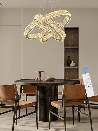 Modern Led Gold Ring Chandelier Luxury 3 Ring Crystal Chandelier Led Dimmable Light for Dining Room Height Adjustable Led Pendant Light 32''+24''+16''