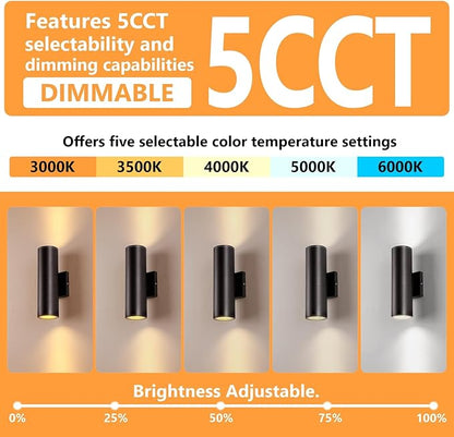 DAKAFUL 5CCT Dimmable Wall Lights Outdoor 2 Packs, 3000K 5000K 6000K Integrated LED Cylinder Up Down Modern Aluminum Light, Waterproof Exterior Light for Porch Patio Door