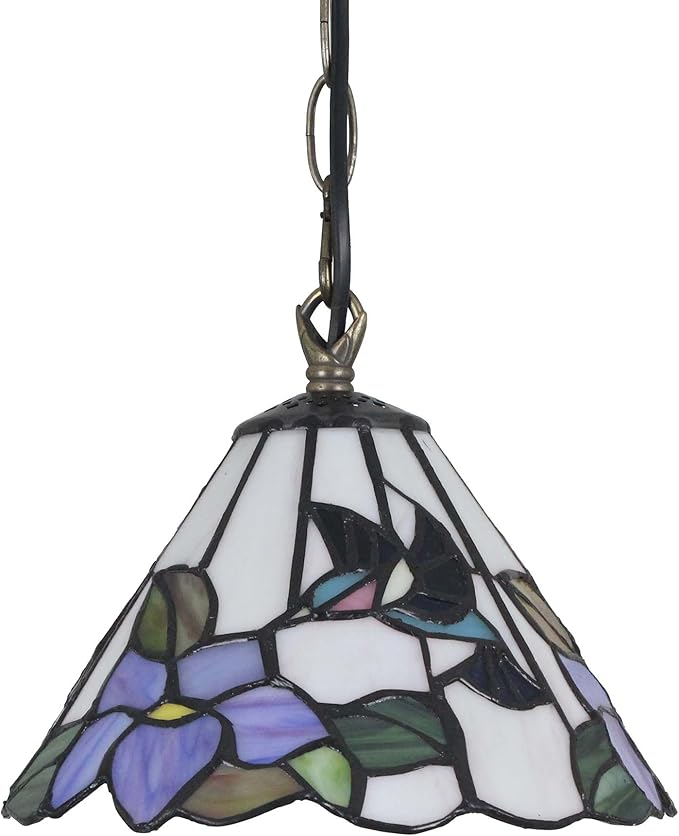 Bieye L11007 Hummingbird Flower Tiffany Style Stained Glass Ceiling Pendant Fixture with 8 Inch Wide Handmade Lampshade, Blue