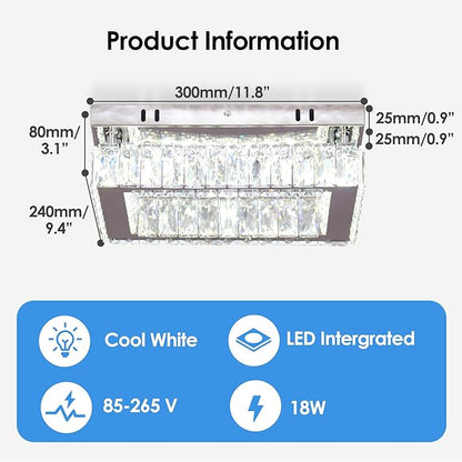 Finktonglan Crystal LED Flush Mount Ceiling Light, 11.8"×9.1" Rectangular Close to Ceiling Light, K9 Crystal & Mirror Stainless Steel, 20W 6000–6500K Cool White, Non-Dimmable