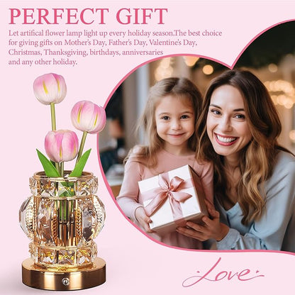 Tulip Table Lamp, Rechargeable Cordless Touch Dimming Artificial Tulip Flower Desk Lamp, LED Crystal Lamp Flower Bedside Night Light, Romantic Gifts for Girl Women Mom (Pink - Tulip)