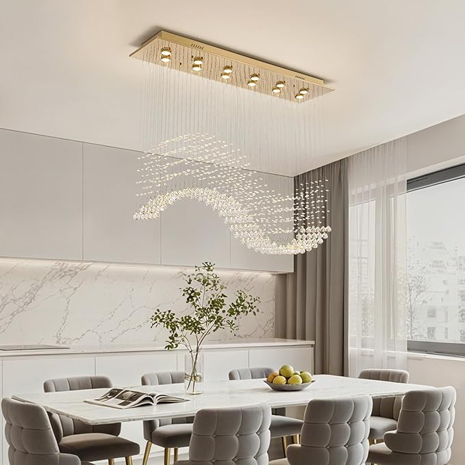 Siljoy 12-Lights Modern Crystal Chandeliers, Luxury Wave Raindrop Crystal Pedant Light Fixture, Rectangular Flush Mount Ceiling Light for Dining Room Living Room Kitchen Island 47 Inch