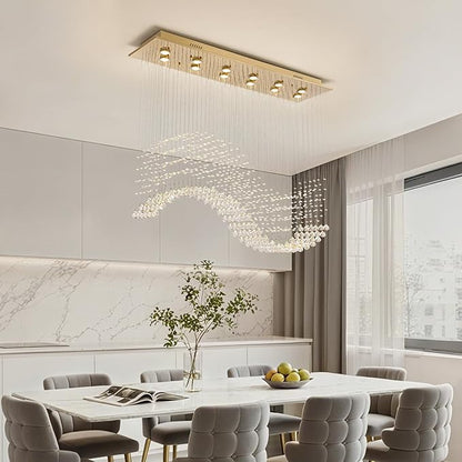 Siljoy 12-Lights Modern Crystal Chandeliers, Luxury Wave Raindrop Crystal Pedant Light Fixture, Rectangular Flush Mount Ceiling Light for Dining Room Living Room Kitchen Island 47 Inch