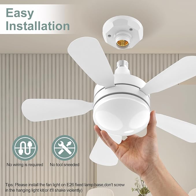 17.7" Socket Fan Light, 3000 Lumens Small Ceiling Fans with Lights and Remote, E26/E27 Light Bulb Fan with Reversible Motor, Dimmable 3000K-6500K Light Socket Fan for Bedroom Kitchen Garage