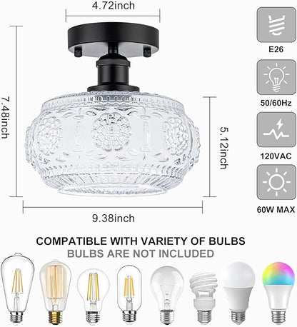 Semi Flush Mount Ceiling Light Fixture - Black Metal Base & Floral Glass Shade, Modern Vintage Lighting for Entryway, Bathroom, Kitchen, Bedroom (Bulb Not Included)