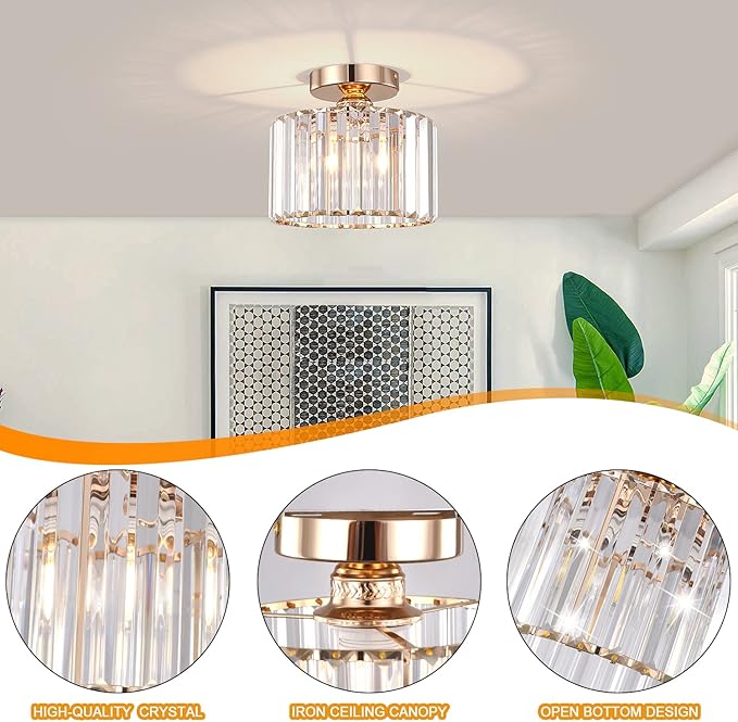 BUXVRCS Semi Flush Mount Modern Chandelier, Crystal Ceiling Light Fixture, Small Close to Ceiling Light for Living Room, Bedroom, Hallway, Bathroom, Kitchen, Entryway (Gold)