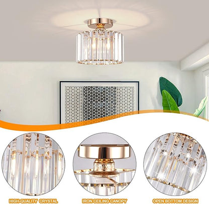 BUXVRCS Semi Flush Mount Modern Chandelier, Crystal Ceiling Light Fixture, Small Close to Ceiling Light for Living Room, Bedroom, Hallway, Bathroom, Kitchen, Entryway (Gold)