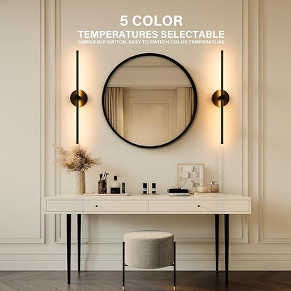 ZAGO Plug in or Hardwired Linear Wall Sconce: 24 Inch LED Indoor Modern Linear Wall Lights Set of Two with On/Off Switch, 5CCT Switchable, Matte Black, Dimmable for Living Room, Bedroom, Hallway