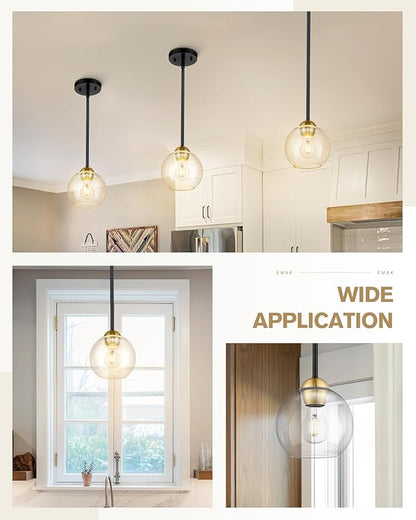 Emak Black and Gold Pendant Light, 7 Inch Globe Glass Pendant Lights Kitchen Island, Modern Hanging Lights for Kitchen, Bathroom, Dining Room, Bar, PL119-BKBGD
