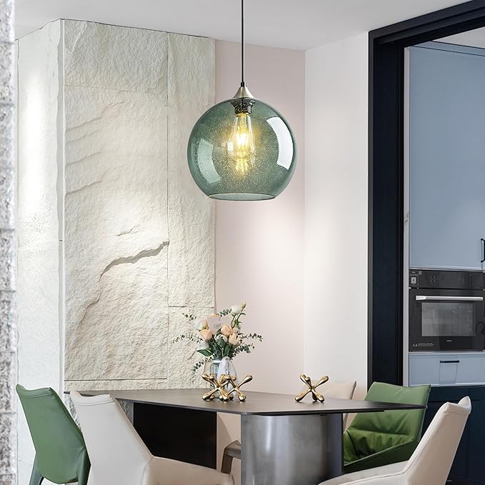Mikeru Glass Globe Pendant Light Single, 9.85 Inch Gray Green Bubble Glass Hanging Lamp, Mid Century Modern Pendant Lighting for Kitchen Island Dining Room Bedroom (Bulb Not Included)
